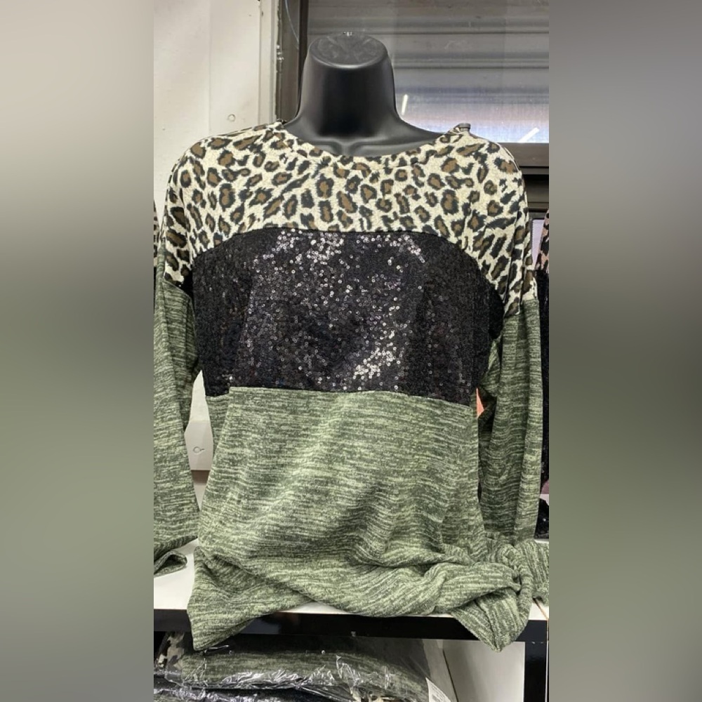 Leopard Print & Sequin Panel Knit Top - Green